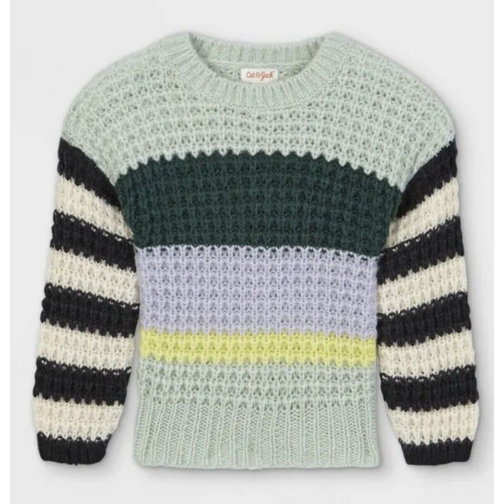 Cat & Jack Green Striped Weater Colorblock Rib Knit Pullover Sweater Top S
